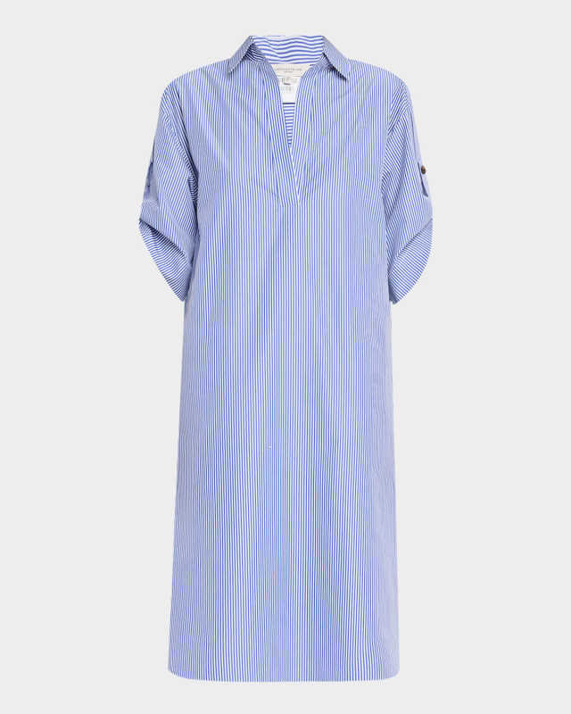 Striped Rolled-Sleeve Linen Midi Shirtdress